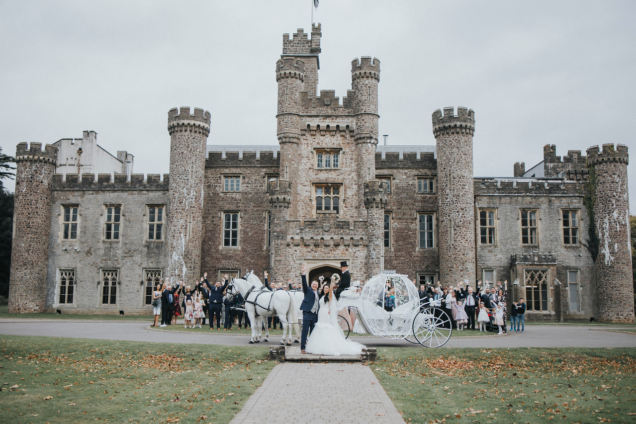 fairy tale wedding with horse and cart and castle venue