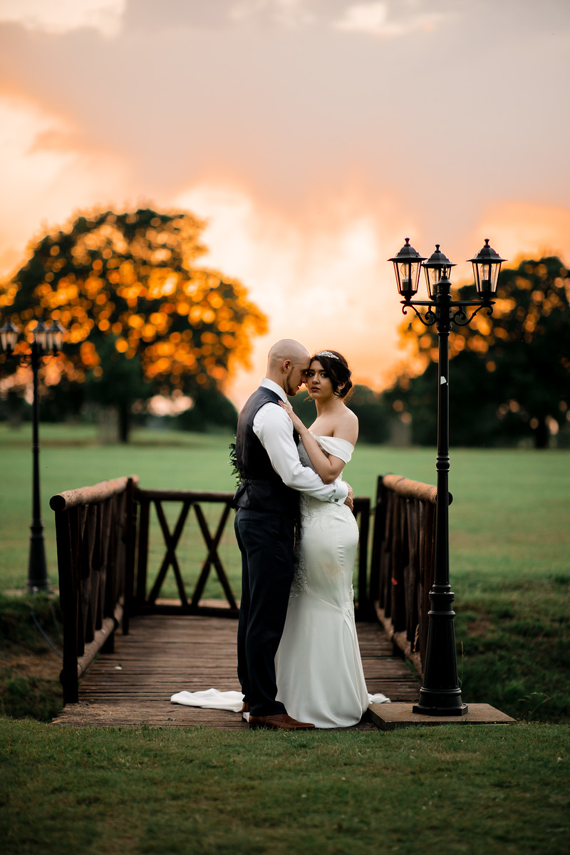 Bride and groom sunset wedding photo